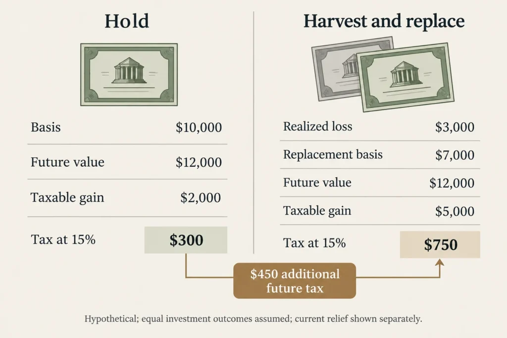 At a $12,000 future value, holding produces a $2,000 gain while harvesting and replacing produces a $5,000 gain.
