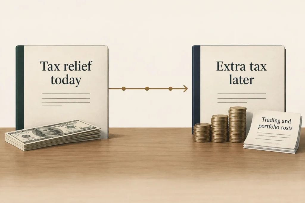 Tax-loss harvesting comparison showing tax relief today alongside extra future tax and implementation costs.
